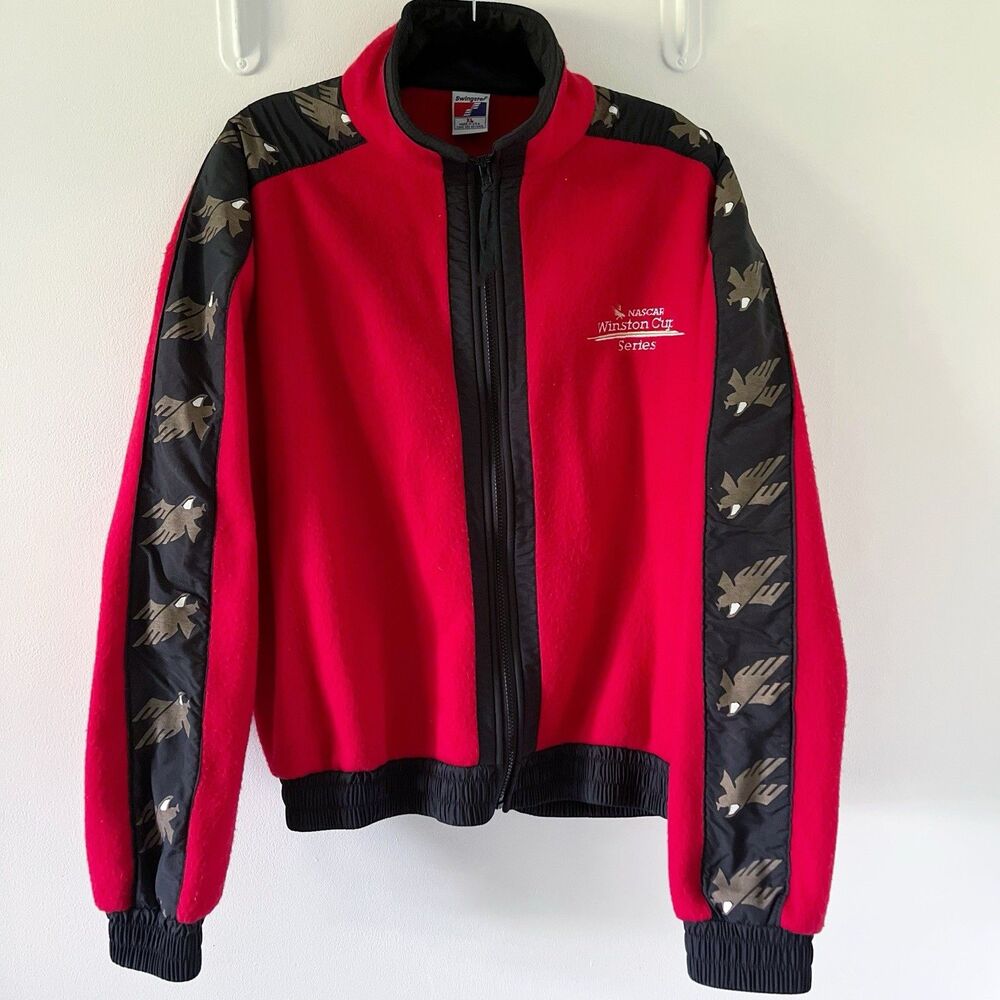 Vtg Nascar Winston Cup Men's Red Fleece Swingster Jacket XL USA Eagle Stripe - Picture 2 of 16